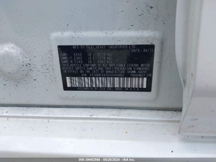 2013 Subaru Legacy 2.5I VIN: 4S3BMCA63D3044080 Lot: 39492566