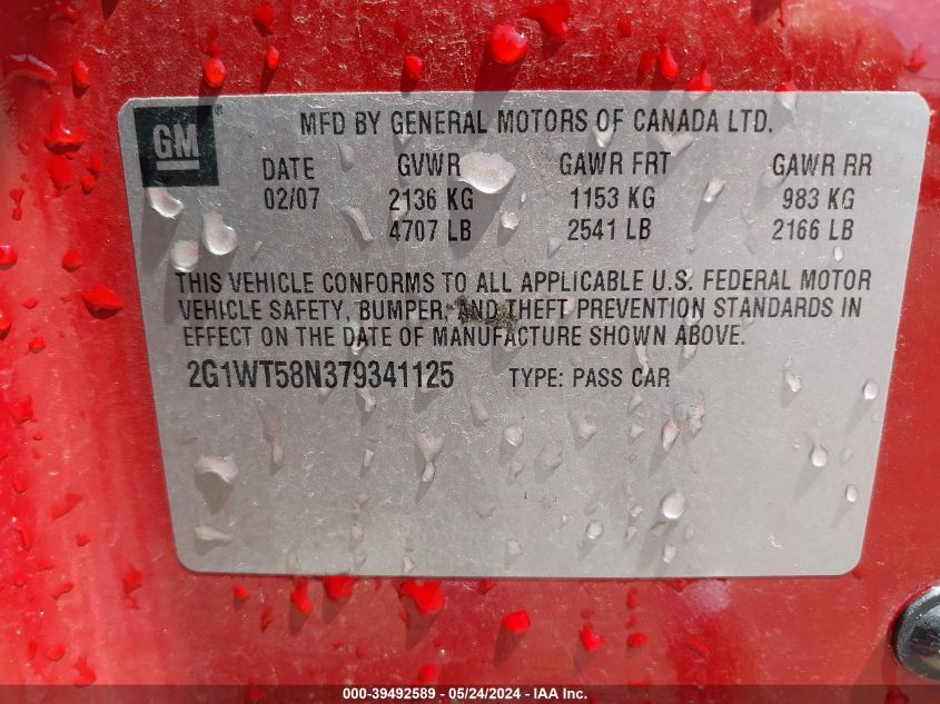 2007 Chevrolet Impala Lt VIN: 2G1WT58N379341125 Lot: 39492589