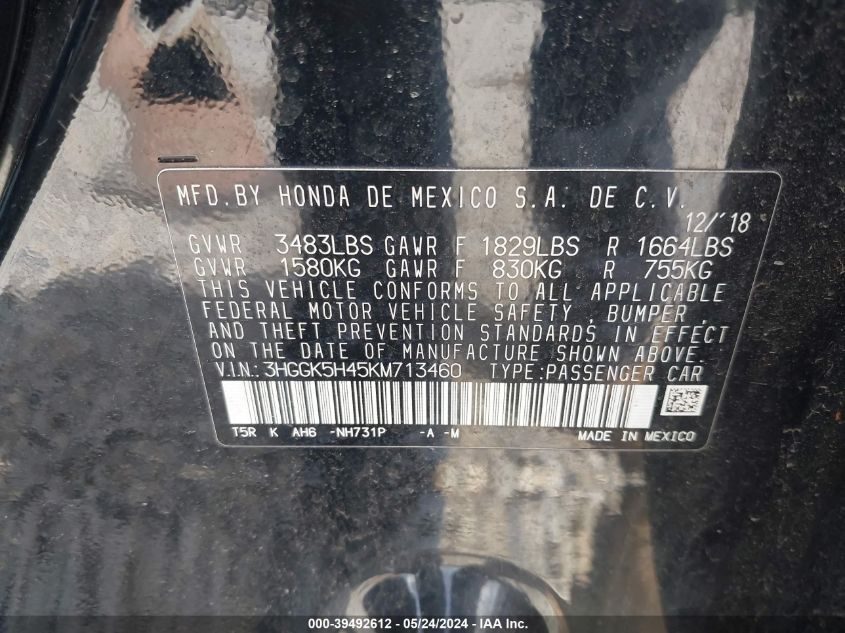 2019 Honda Fit Lx VIN: 3HGGK5H45KM713460 Lot: 39492612