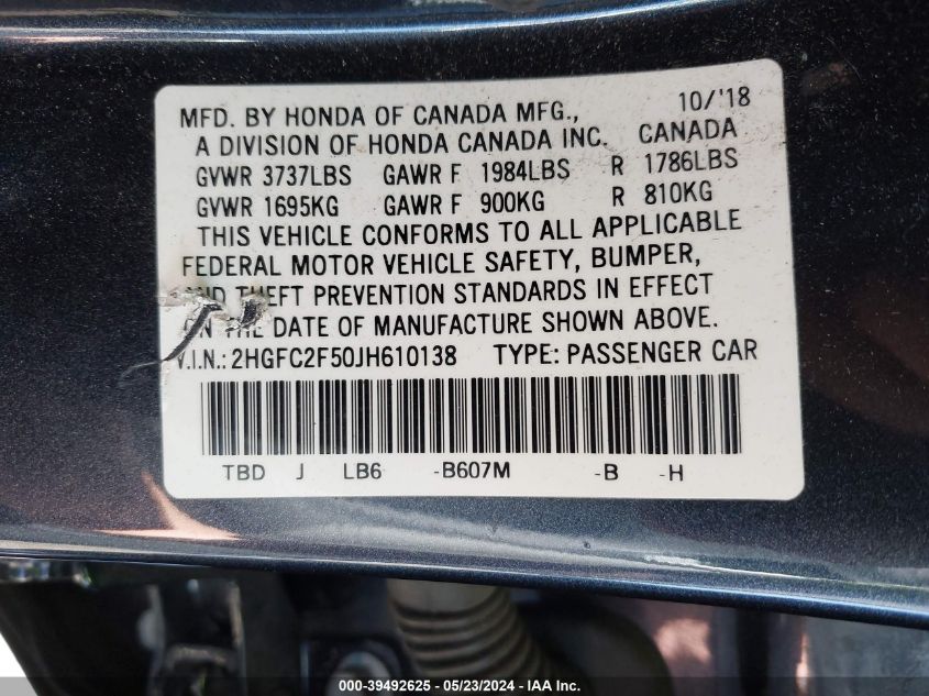 2018 Honda Civic Lx VIN: 2HGFC2F50JH610138 Lot: 39492625