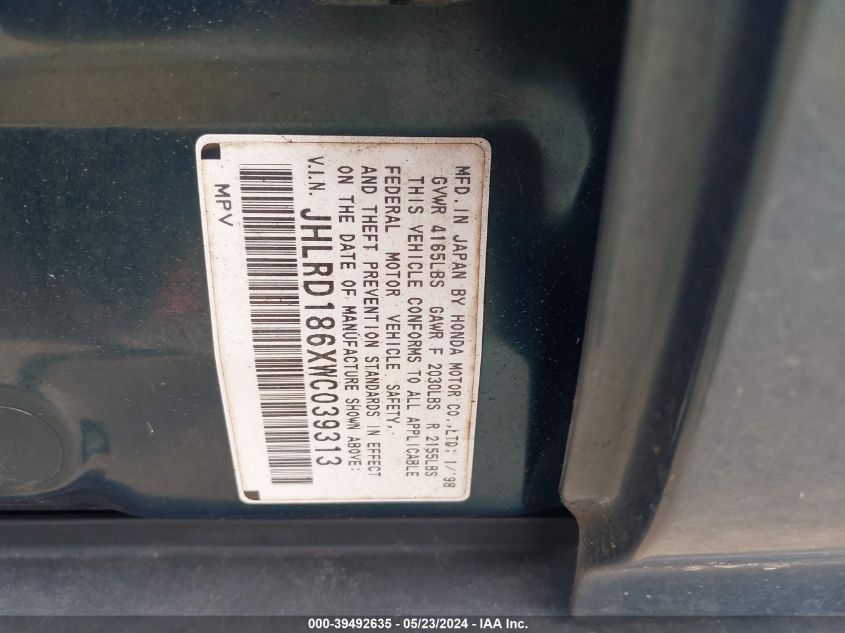 1998 Honda Cr-V Ex VIN: JHLRD186XWC039313 Lot: 39492635