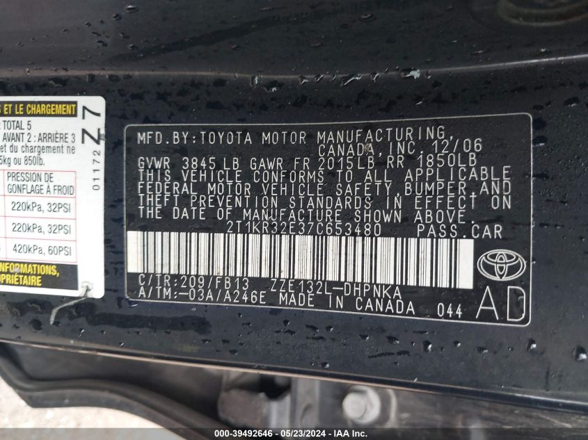 2007 Toyota Corolla Matrix Xr VIN: 2T1KR32E37C653480 Lot: 39492646