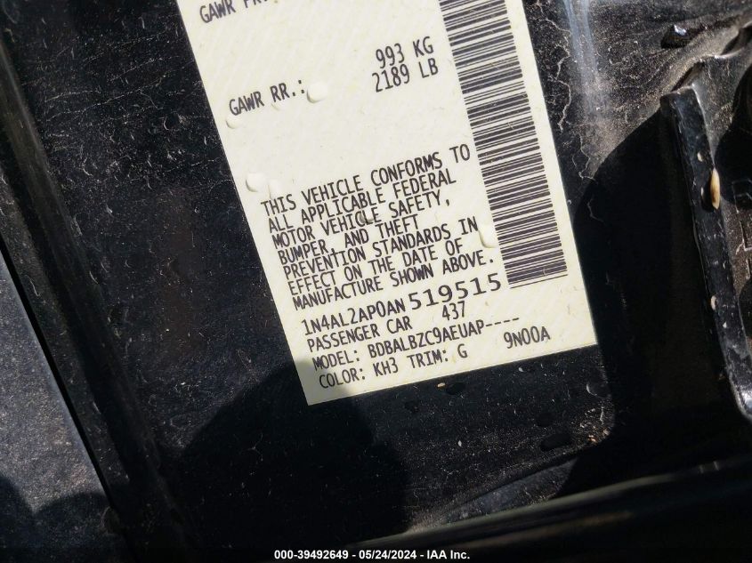 2010 Nissan Altima 2.5 S VIN: 1N4AL2AP0AN519515 Lot: 39492649