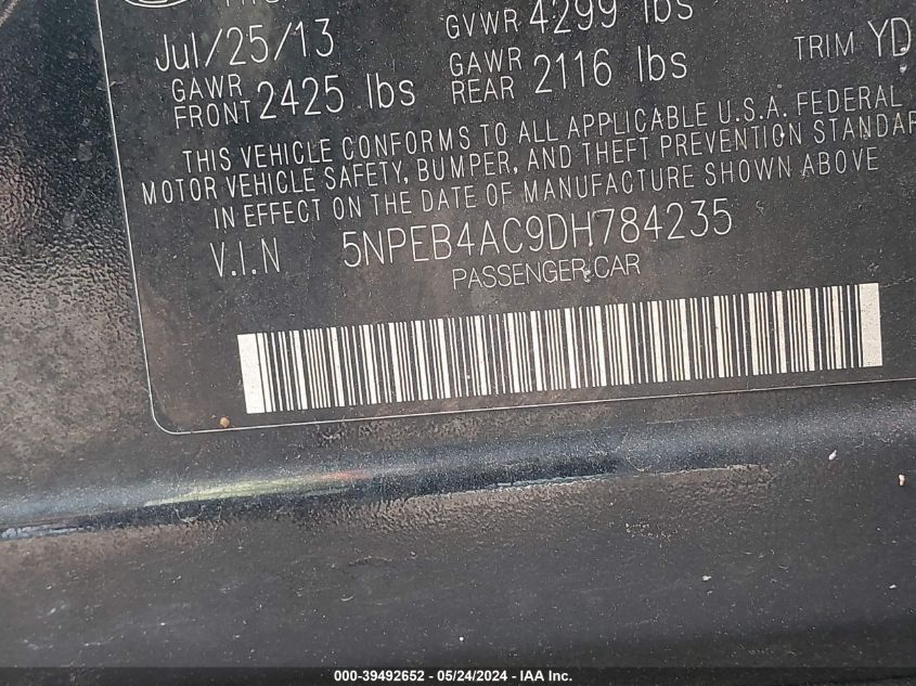 2013 Hyundai Sonata Gls VIN: 5NPEB4AC9DH784235 Lot: 39492652