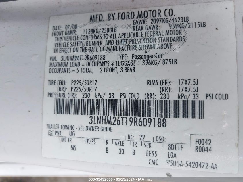 2009 Lincoln Mkz VIN: 3LNHM26T19R609188 Lot: 39492666