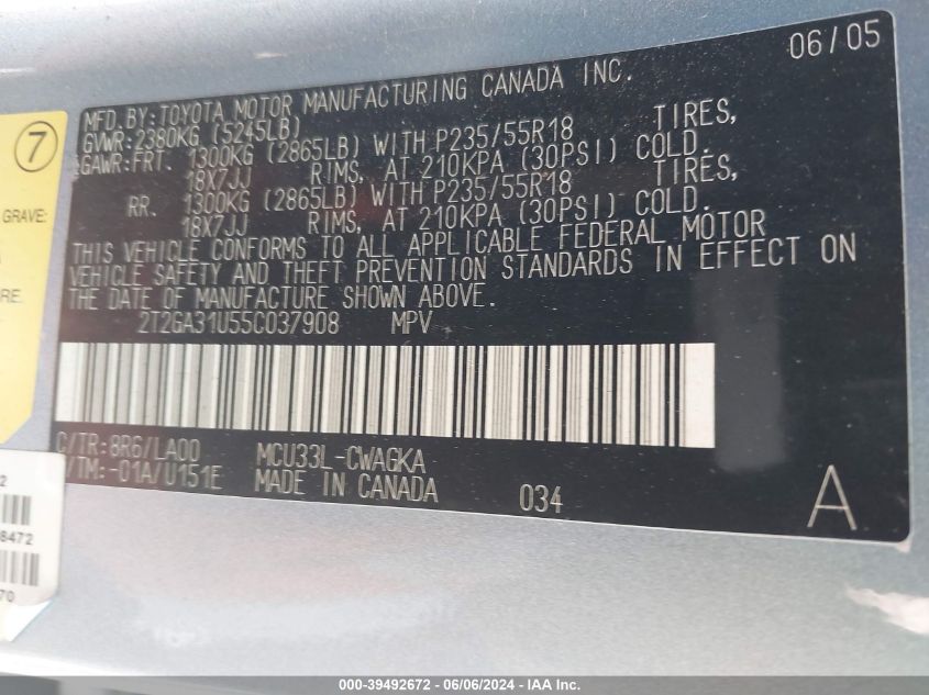 2005 Lexus Rx 330 VIN: 2T2GA31U55C037908 Lot: 39492672