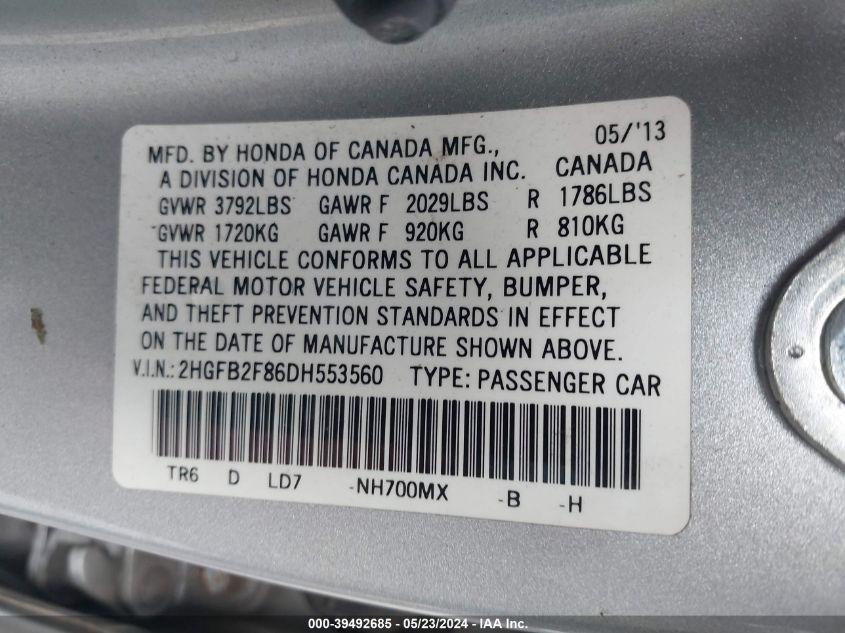 2013 Honda Civic Ex VIN: 2HGFB2F86DH553560 Lot: 39492685