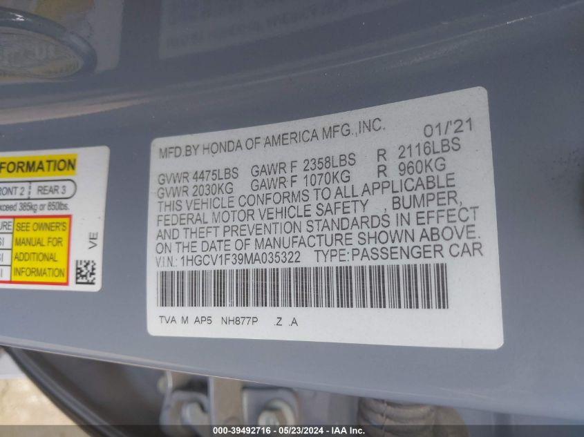2021 Honda Accord Sport VIN: 1HGCV1F39MA035322 Lot: 39492716