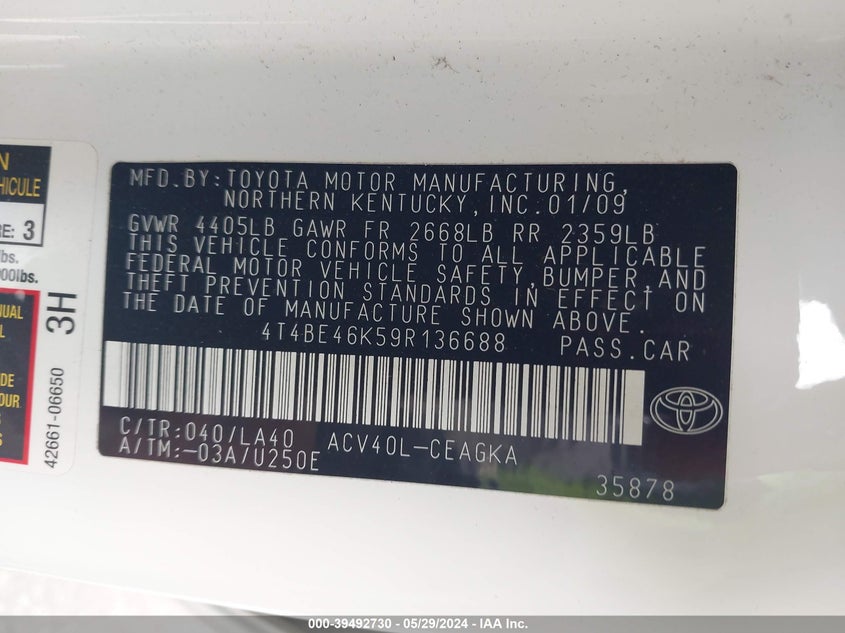 2009 Toyota Camry Xle VIN: 4T4BE46K59R136688 Lot: 39492730