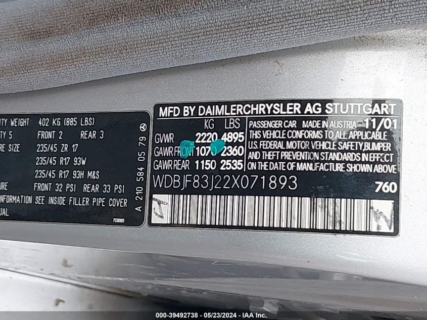 2002 Mercedes-Benz E 430 4M/4M Special Edition VIN: WDBJF83J22X071893 Lot: 39492738