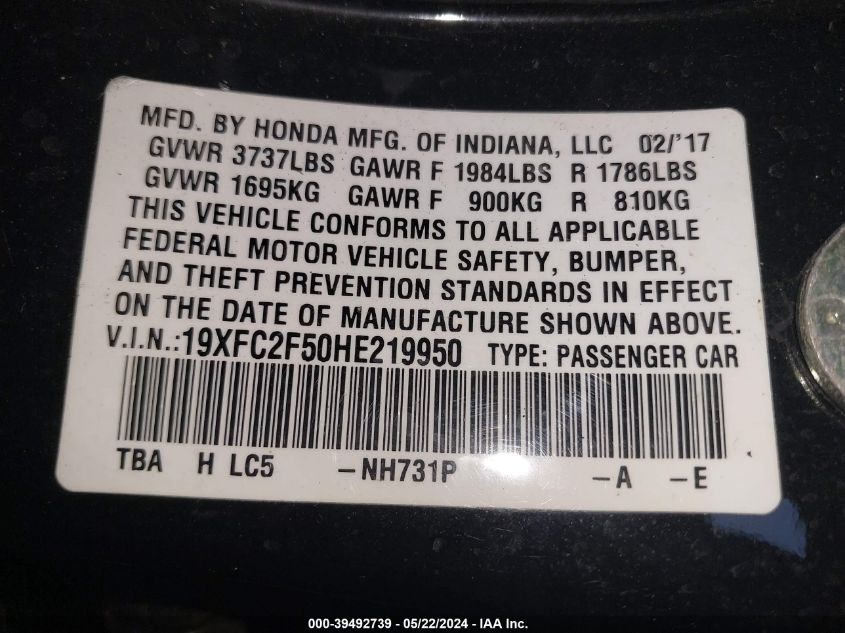 2017 Honda Civic Lx VIN: 19XFC2F50HE219950 Lot: 39492739