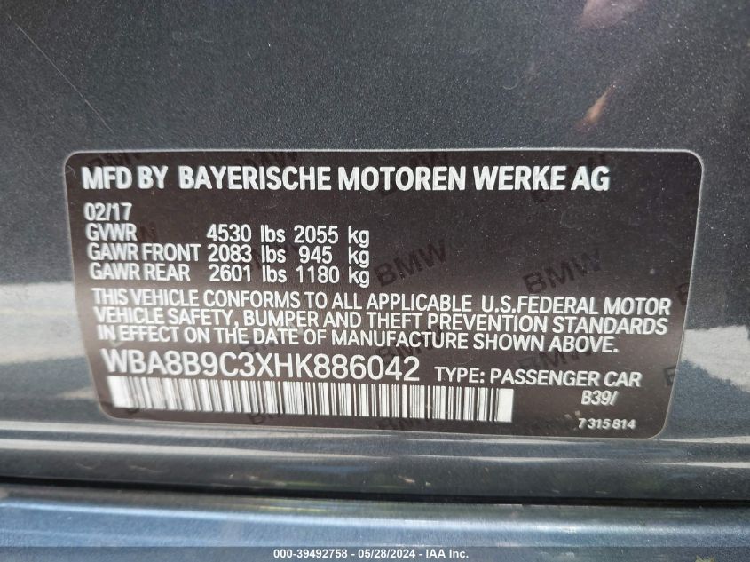 2017 BMW 330I VIN: WBA8B9C3XHK886042 Lot: 39492758