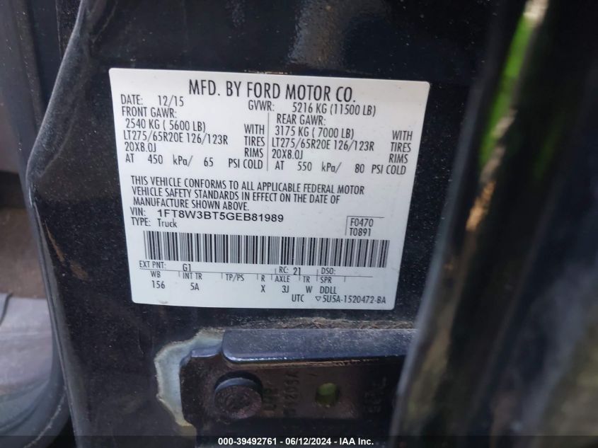 2016 Ford F-350 Lariat VIN: 1FT8W3BT5GEB81989 Lot: 39492761