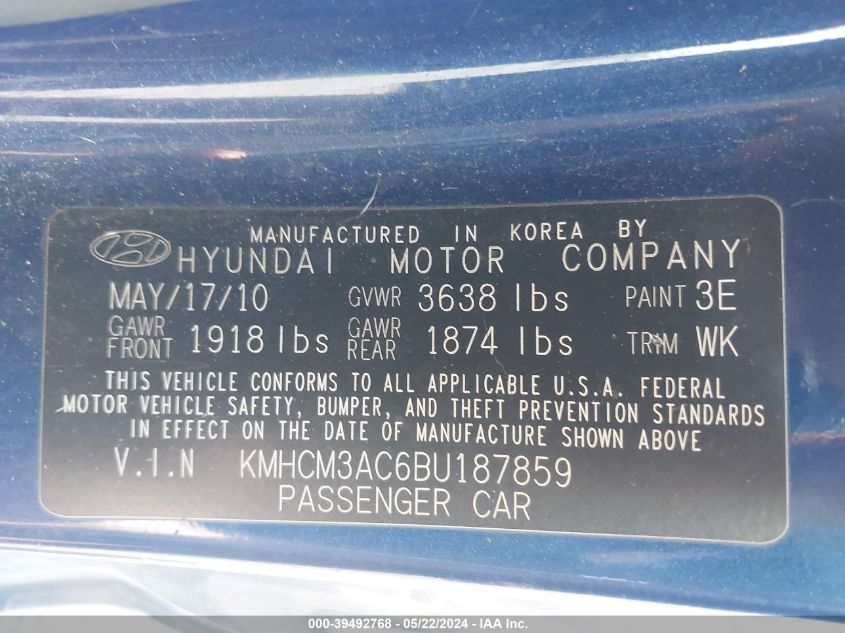 2011 Hyundai Accent Gs VIN: KMHCM3AC6BU187859 Lot: 39492768