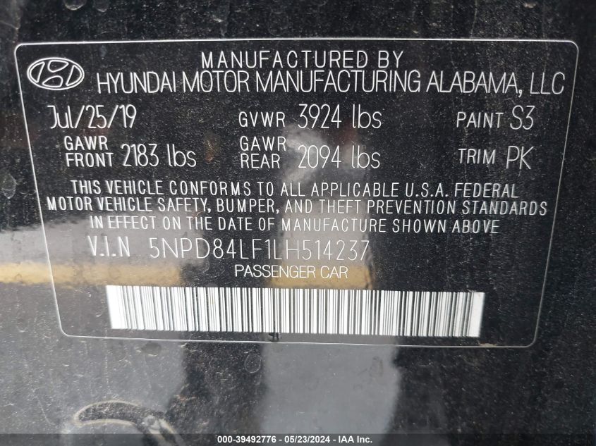 2020 Hyundai Elantra Sel VIN: 5NPD84LF1LH514237 Lot: 39492776