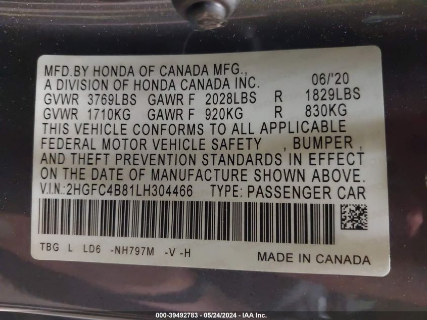 2020 Honda Civic Sport VIN: 2HGFC4B81LH304466 Lot: 39492783