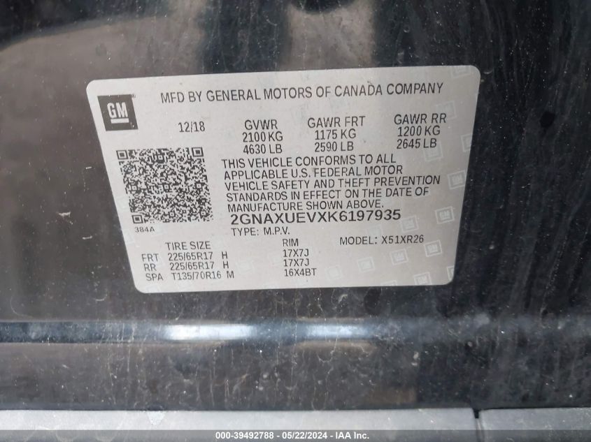 2019 Chevrolet Equinox Lt VIN: 2GNAXUEVXK6197935 Lot: 39492788