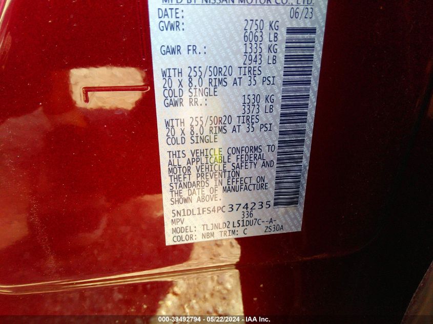 2023 Infiniti Qx60 Luxe Awd VIN: 5N1DL1FS4PC374235 Lot: 39492794