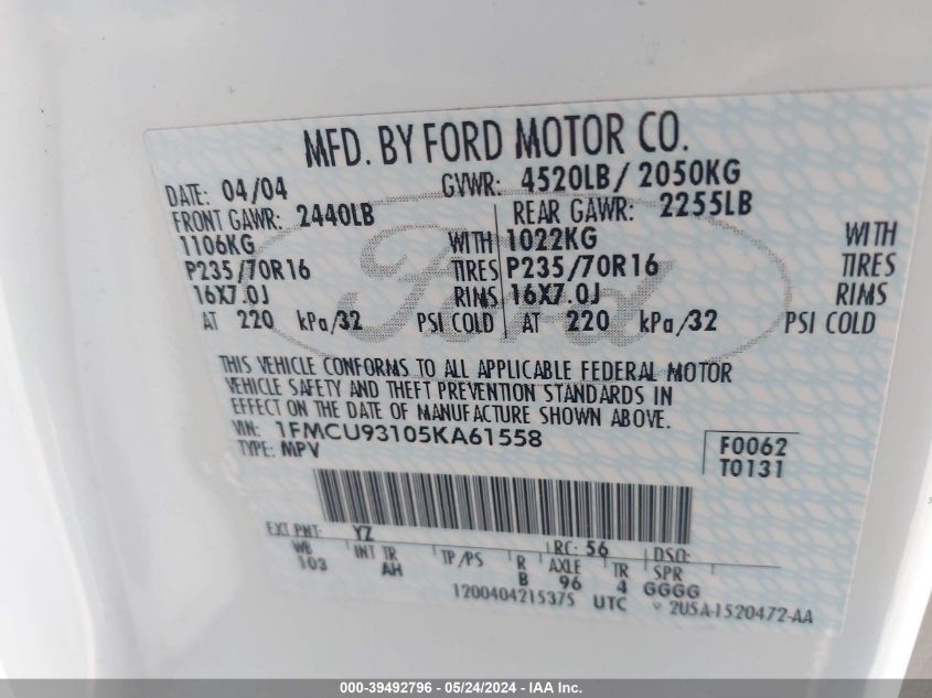 2005 Ford Escape Xlt VIN: 1FMCU93105KA61558 Lot: 39492796