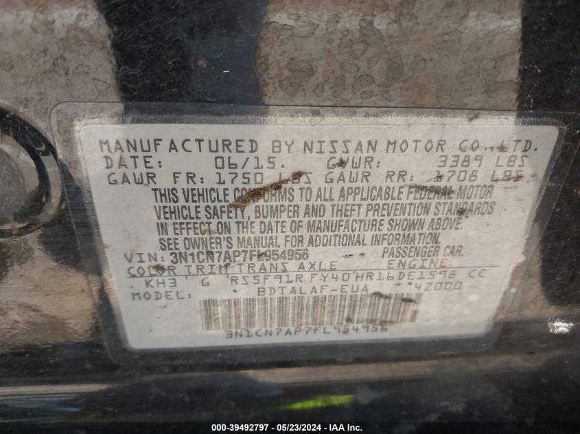 2015 Nissan Versa 1.6 S VIN: 3N1CN7AP7FL954956 Lot: 39492797