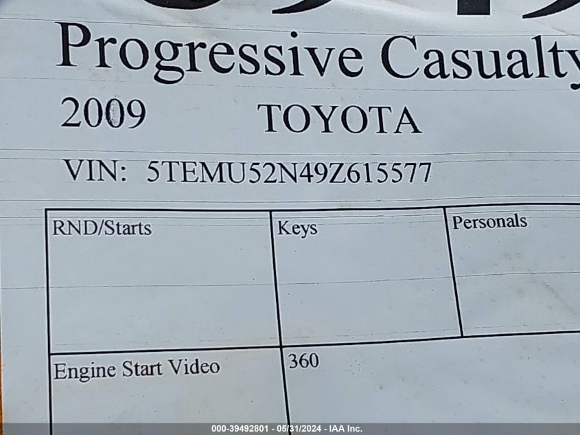 2009 Toyota Tacoma Base V6 VIN: 5TEMU52N49Z615577 Lot: 39492801