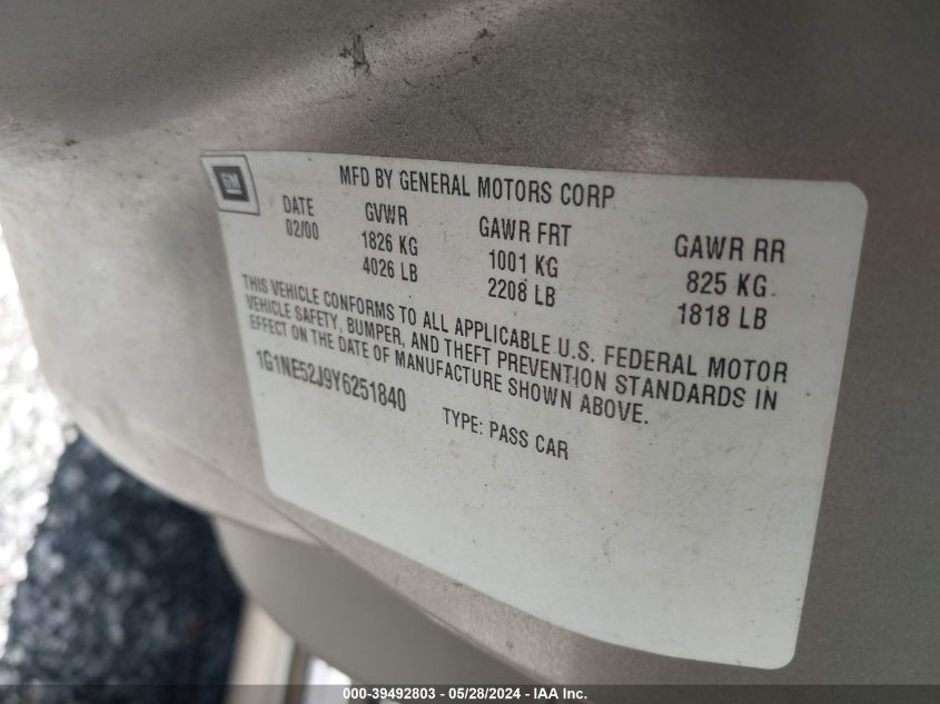 2000 Chevrolet Malibu Ls VIN: 1G1NE52J9Y6251840 Lot: 39492803