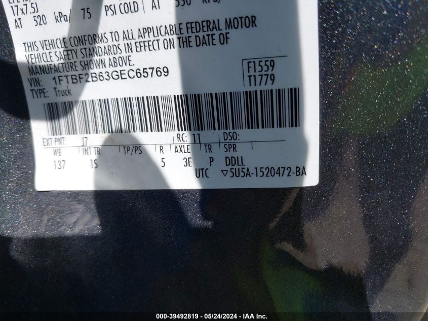 2016 Ford F-250 Xl VIN: 1FTBF2B63GEC65769 Lot: 39492819