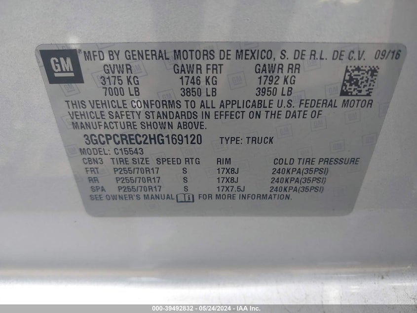 2017 Chevrolet Silverado 1500 1Lt VIN: 3GCPCREC2HG169120 Lot: 39492832