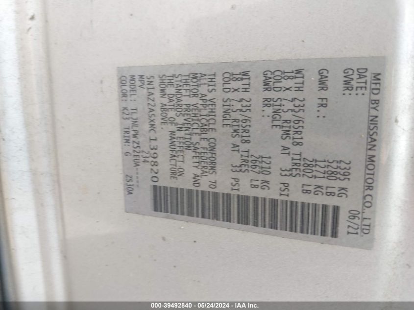 2021 Nissan Murano S Intelligent Awd VIN: 5N1AZ2ASXMC139820 Lot: 39492840