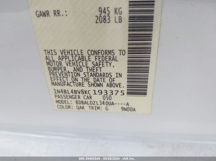 VIN 1N4BL4BV8KC193375 2019 NISSAN ALTIMA S