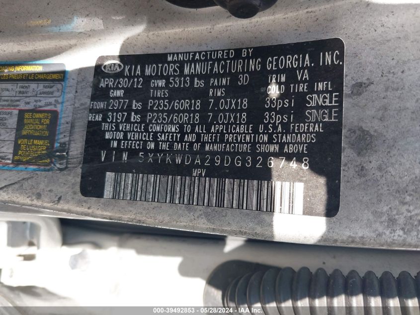 2013 Kia Sorento Sx V6 VIN: 5XYKWDA29DG326748 Lot: 39492853