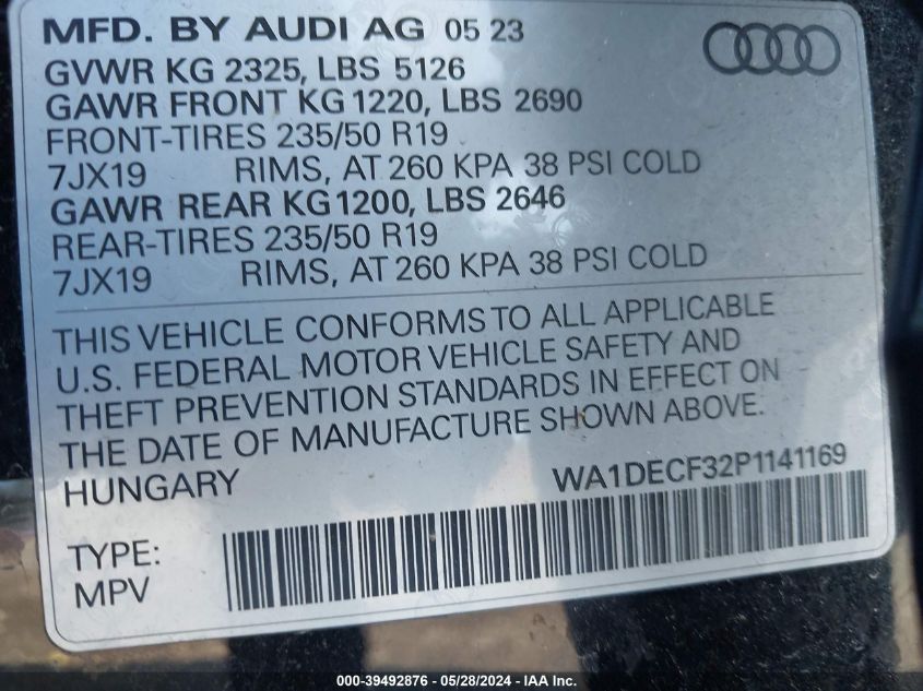 2023 Audi Q3 Premium 45 Tfsi S Line Quattro Tiptronic VIN: WA1DECF32P1141169 Lot: 39492876