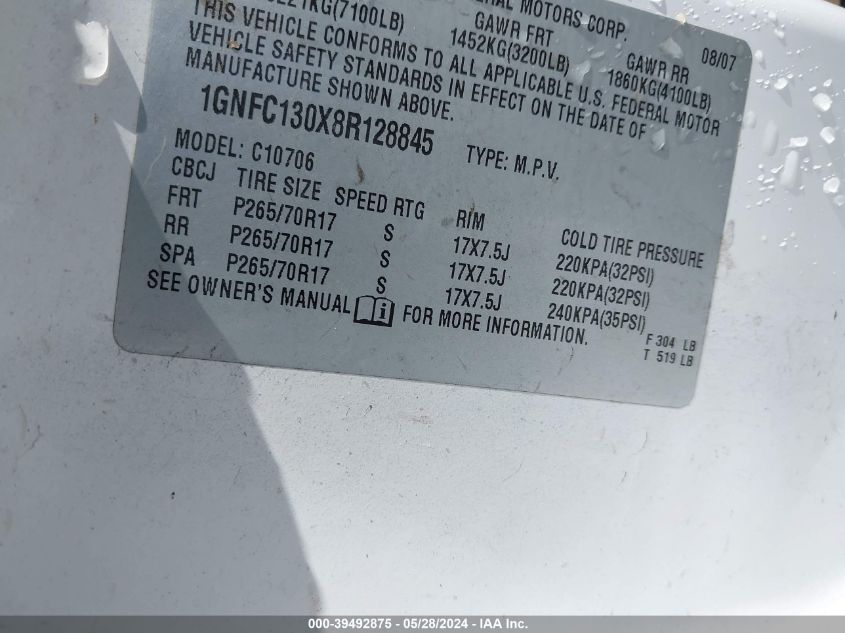 2008 Chevrolet Tahoe Lt VIN: 1GNFC130X8R128845 Lot: 39492875