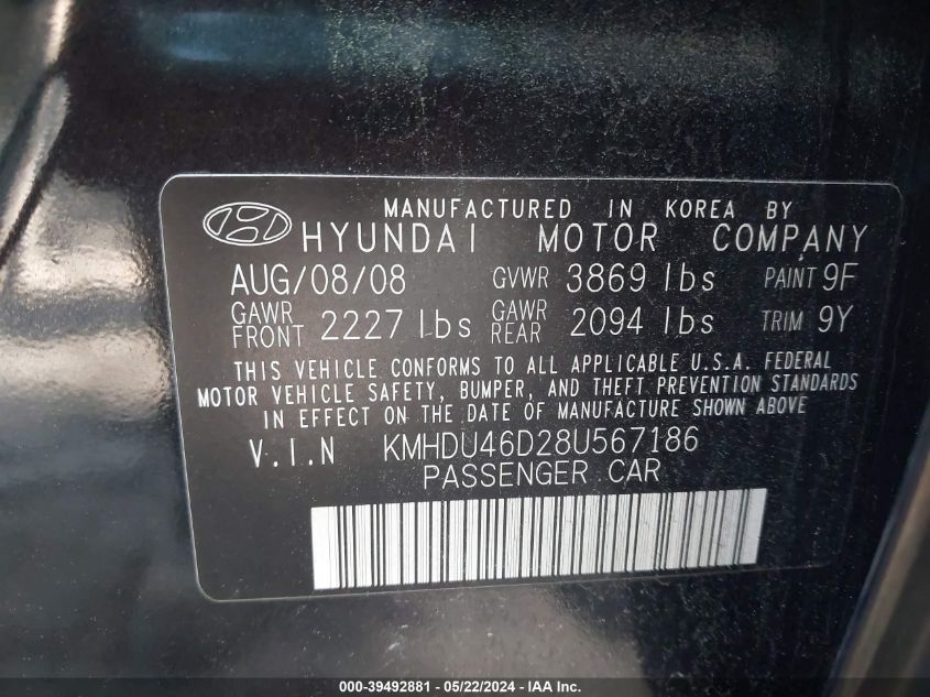 2008 Hyundai Elantra Gls/Se VIN: KMHDU46D28U567186 Lot: 39492881