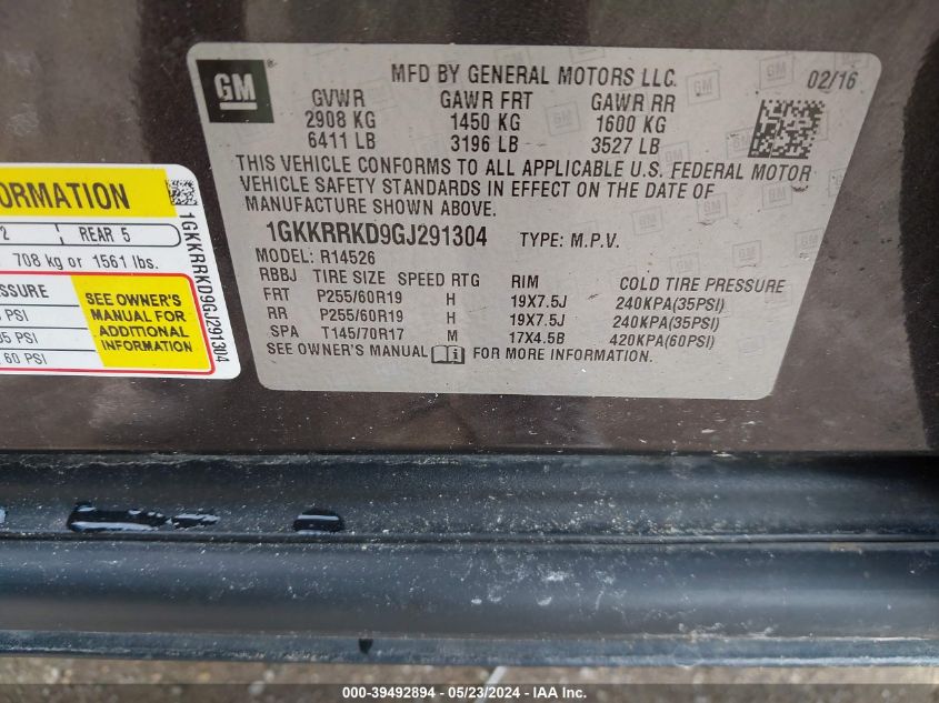 2016 GMC Acadia Slt-1 VIN: 1GKKRRKD9GJ291304 Lot: 39492894