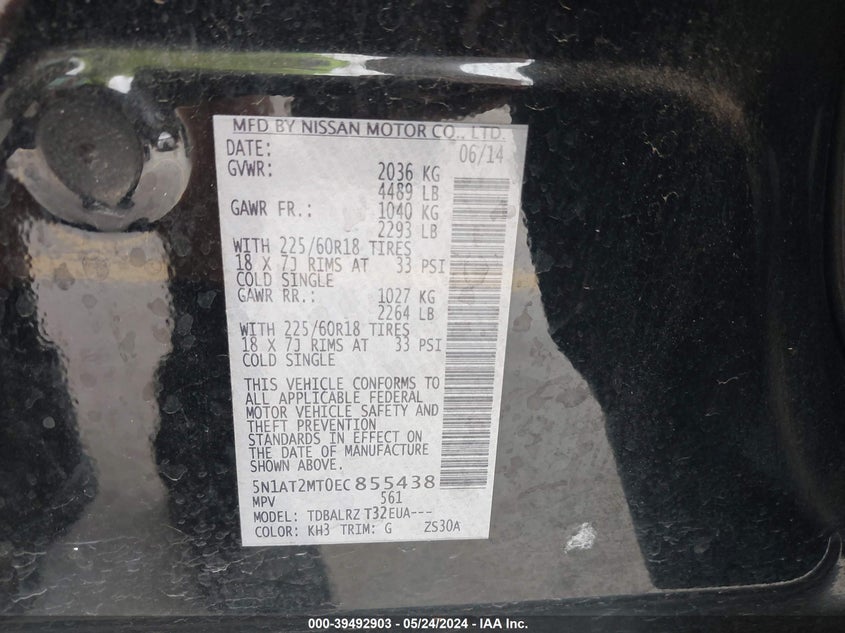 2014 Nissan Rogue Sl VIN: 5N1AT2MT0EC855438 Lot: 39492903