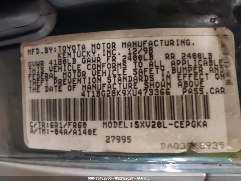 1999 Toyota Camry Xle VIN: 4T1BG28K9XU473366 Lot: 39492905