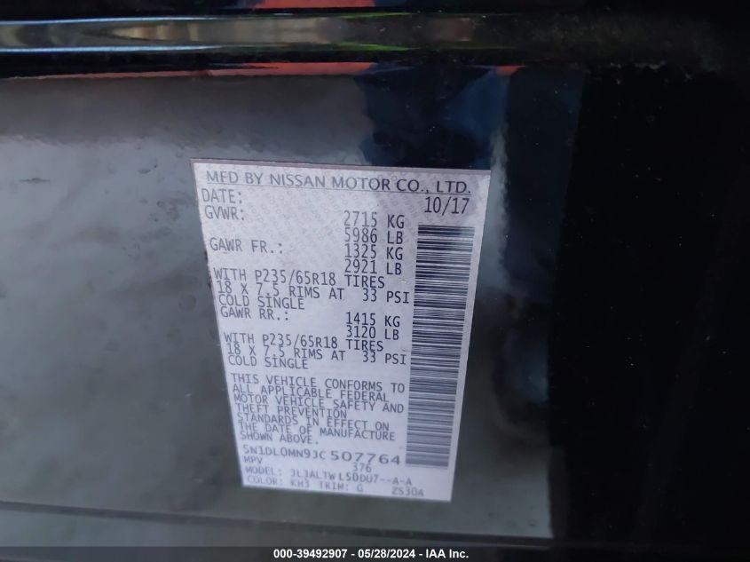 2018 Infiniti Qx60 VIN: 5N1DL0MN9JC507764 Lot: 39492907