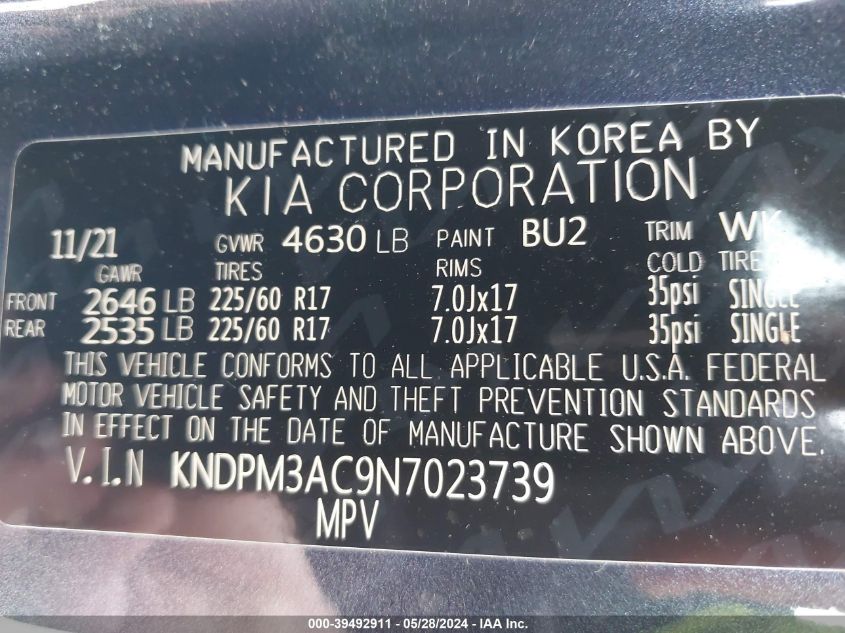 2022 Kia Sportage Lx VIN: KNDPM3AC9N7023739 Lot: 39492911