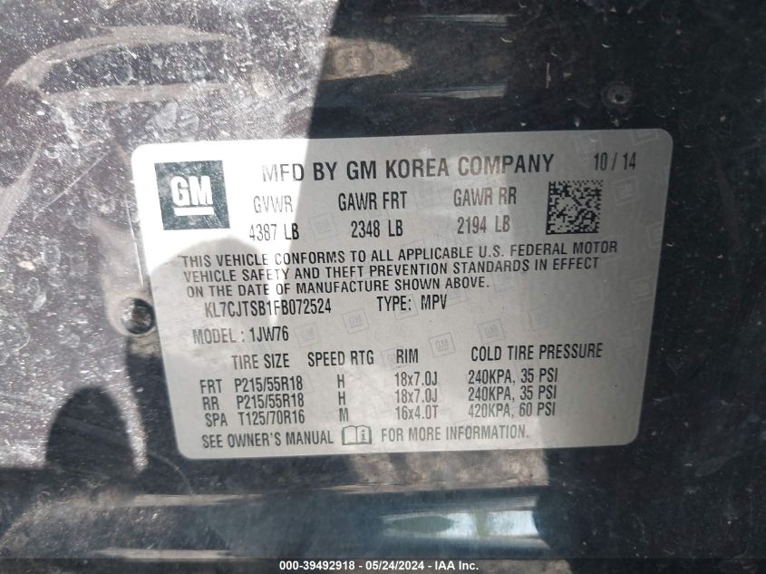 2015 Chevrolet Trax Ltz VIN: KL7CJTSB1FB072524 Lot: 39492918