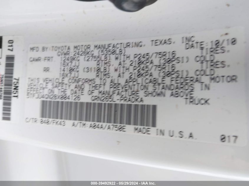 2011 Toyota Tacoma Prerunner V6 VIN: 5TFJU4GN2BX004126 Lot: 39492922