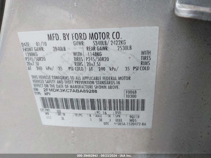 2010 Ford Edge Limited VIN: 2FMDK3KC7ABA89288 Lot: 39492943