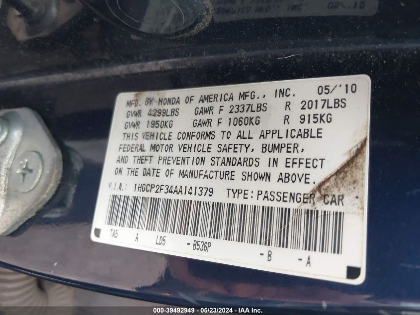 2010 Honda Accord 2.4 Lx VIN: 1HGCP2F34AA141379 Lot: 39492949