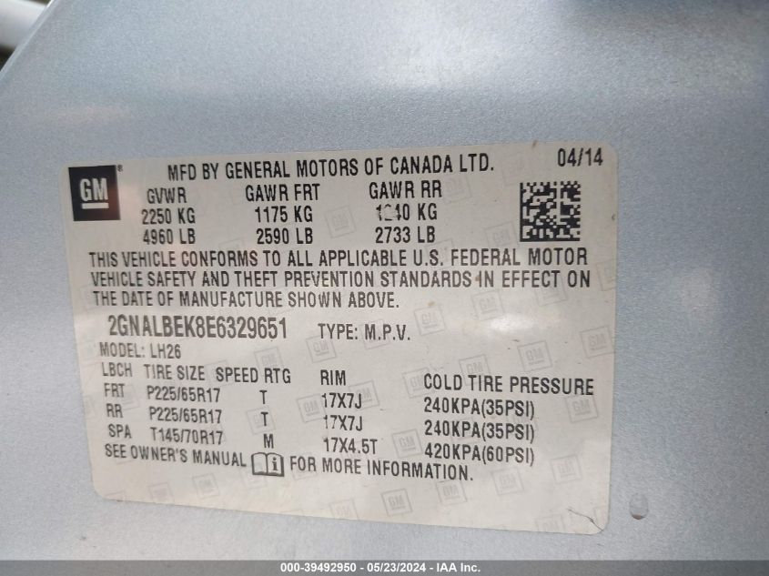 2014 Chevrolet Equinox 1Lt VIN: 2GNALBEK8E6329651 Lot: 39492950
