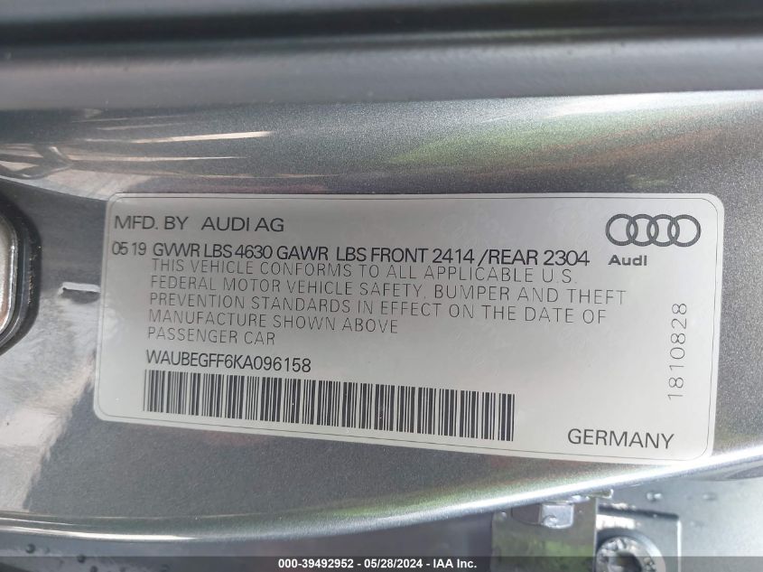 2019 Audi A3 45 Premium VIN: WAUBEGFF6KA096158 Lot: 39492952