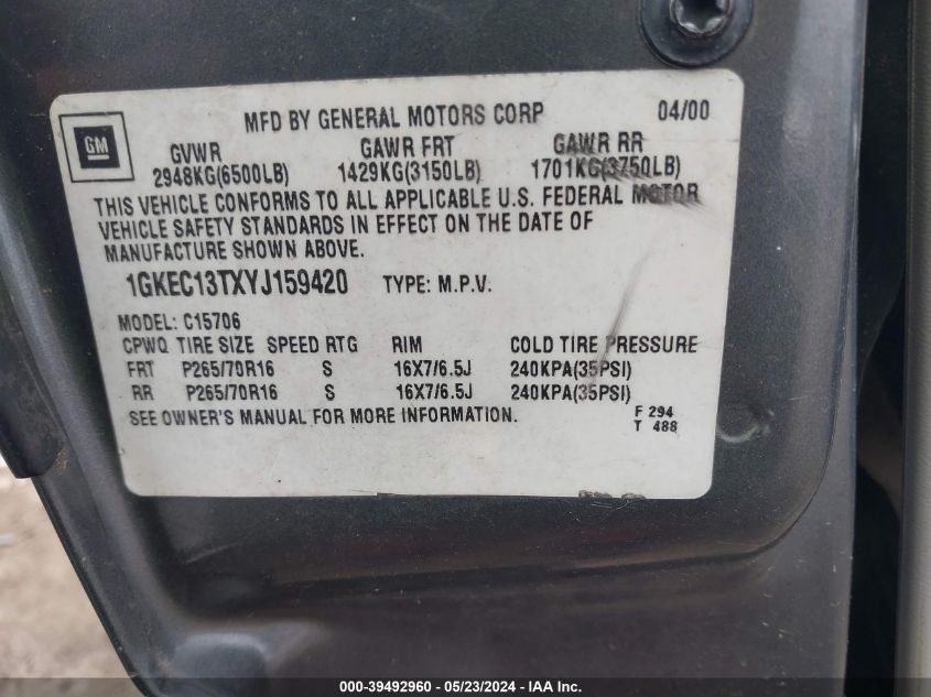 2000 GMC Yukon Slt VIN: 1GKEC13TXYJ159420 Lot: 39492960