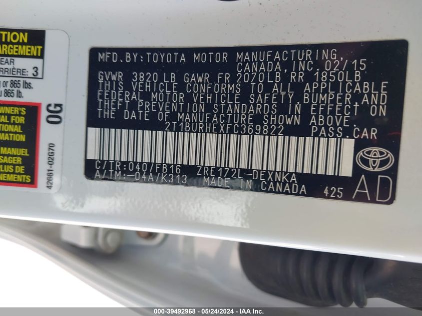 2015 Toyota Corolla Le VIN: 2T1BURHEXFC369822 Lot: 39492968