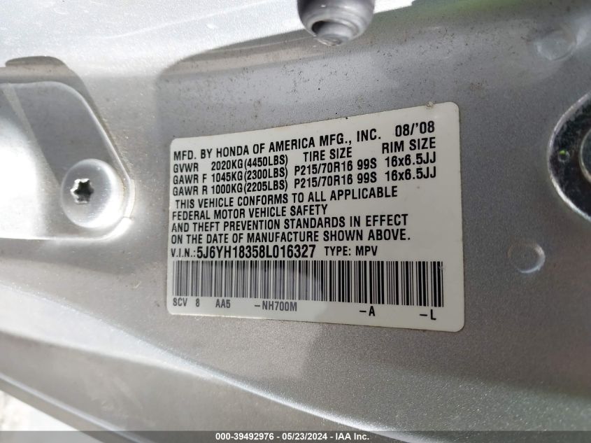 2008 Honda Element Lx VIN: 5J6YH18358L016327 Lot: 39492976