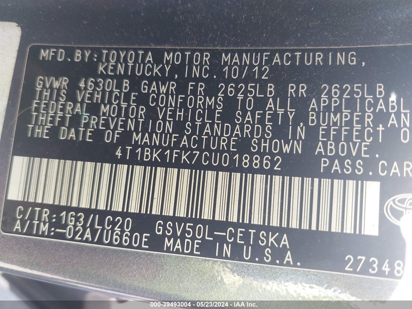 2012 Toyota Camry Se V6 VIN: 4T1BK1FK7CU018862 Lot: 39493004
