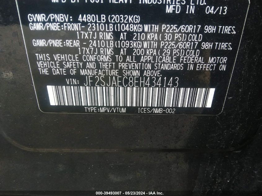 2014 Subaru Forester 2.5I Premium VIN: JF2SJAEC8EH434143 Lot: 39493007